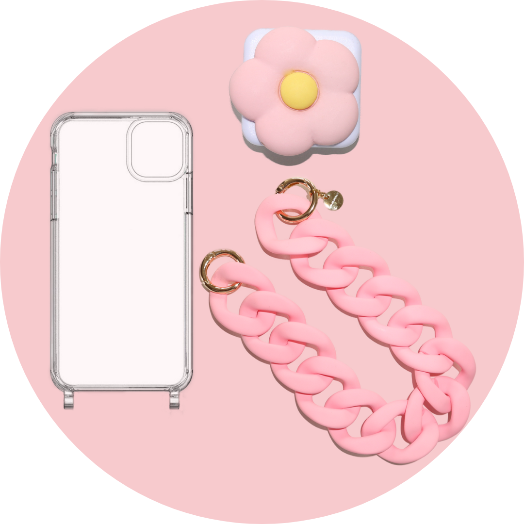 Blush Bundle - Clear Case mit Ösen + Chainz & Flower PopSocket
